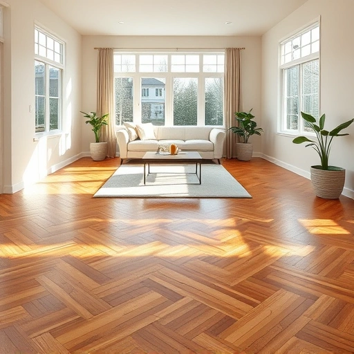 Spacious Addison IL living room featuring warm oak herringbone flooring and stylish decor under natural light.