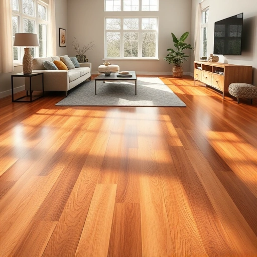 Beautiful hardwood flooring installation in a modern living room with elegant decor and natural light reflections.
