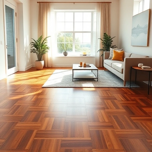 Polished hardwood floor in Berwyn IL with intricate patterns, warm oak and walnut tones, minimalist decor, and natural light.