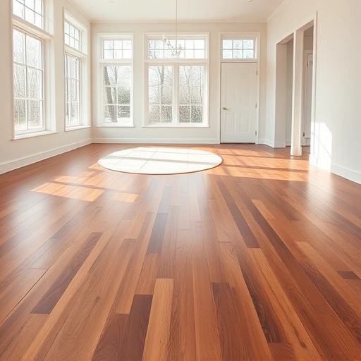 Spacious room with polished mahogany hardwood flooring, large windows, and soft neutral walls, creating elegance and warmth.