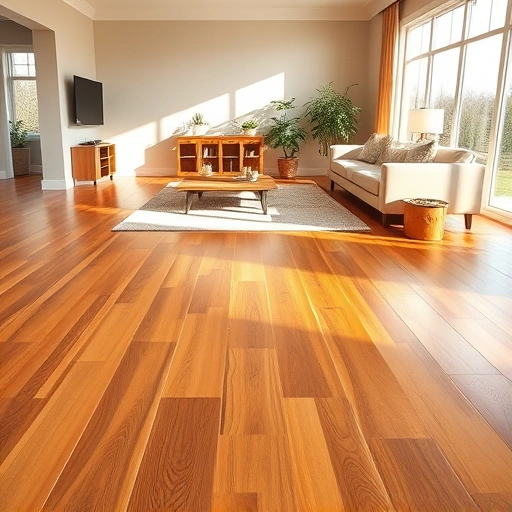 Hardwood floor installation in a sunlit living room in Darien IL, featuring rich planks and elegant decor.