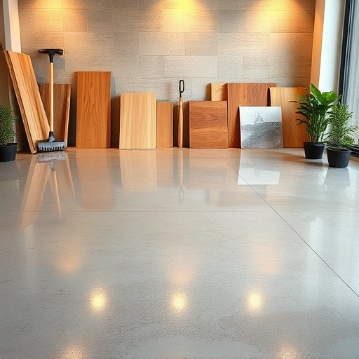 Completed flooring removal project in Darien IL featuring polished concrete, stacked remnants, and organized tools.