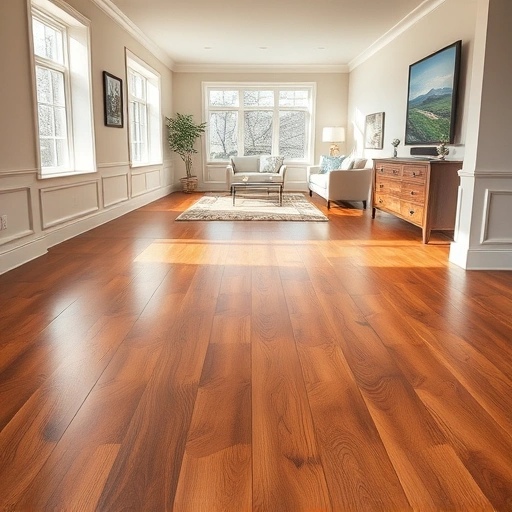 Flooring installation in Addison IL showcasing warm hardwood floors, elegant baseboards, and modern furniture in a cozy living room.