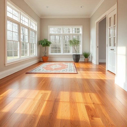 Spacious room in Darien IL with polished oak flooring, stylish area rug, white baseboards, and soft neutral walls.