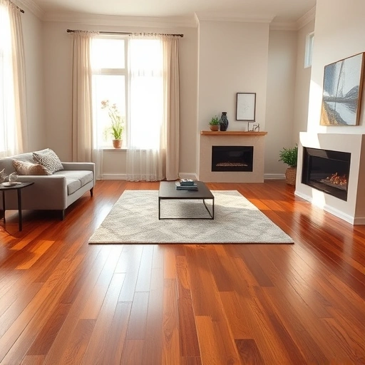 Elegant living room in Downers Grove IL with rich hardwood flooring, natural light, and modern decor elements.