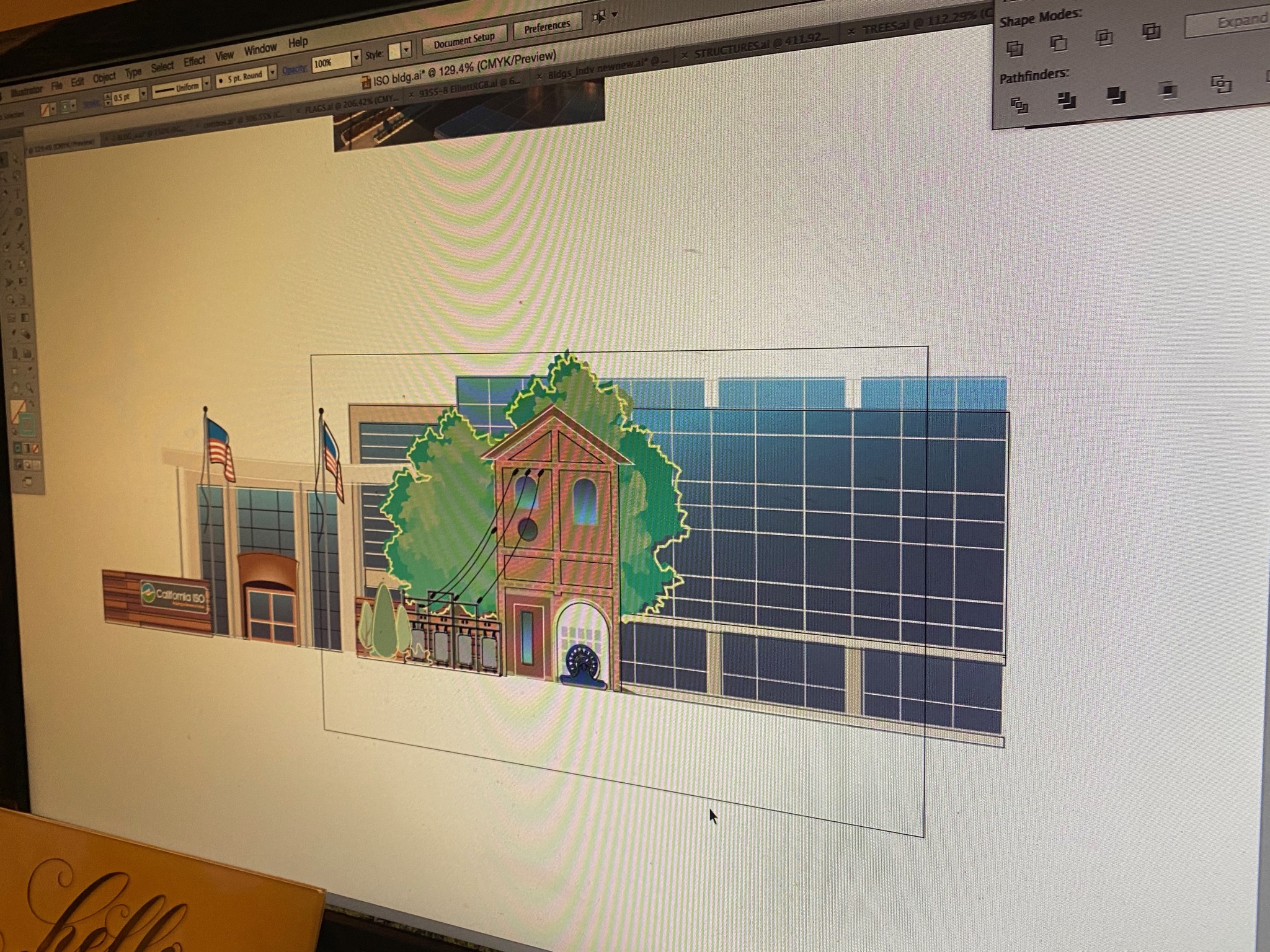 An artist illustrating a client's building — the California ISO headquarters — in Adobe Illustrator, drawn from scratch.