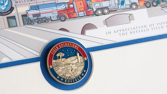 A Your Memory Lane service-appreciation print for the Buffalo Field Office, with a Field Operations challenge coin mounted in the mat.