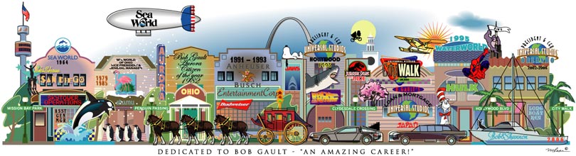 A Your Memory Lane retirement print for Bob Gault — a career at Universal, Sea World, and Anheuser-Busch.