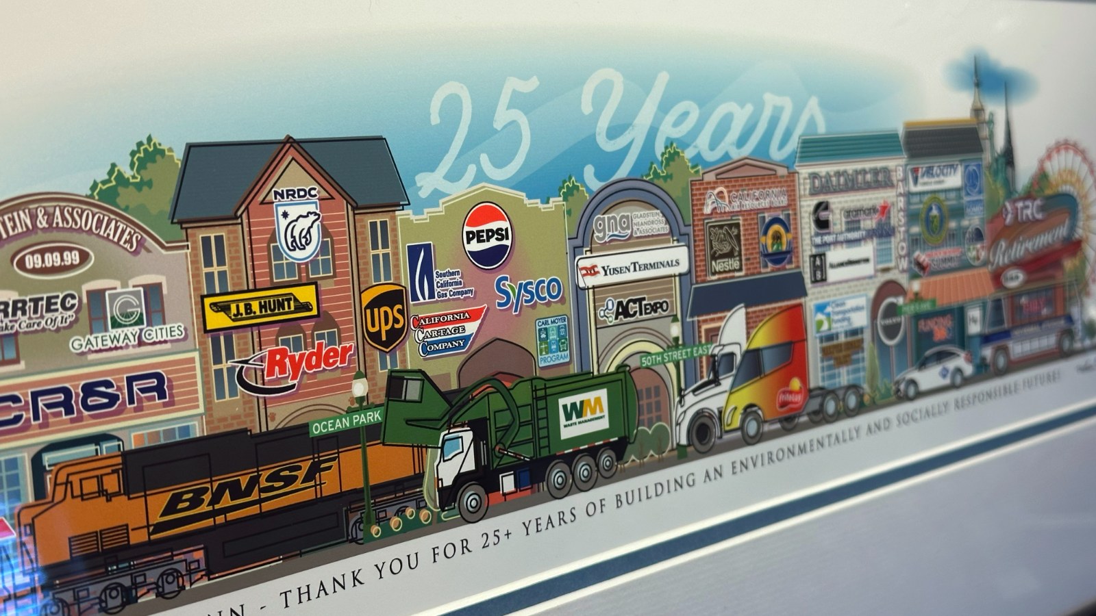 A Your Memory Lane corporate milestone print for Karen El Mann — 25+ years in clean transportation, illustrated on one block.