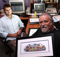 A father and son with their custom street-scene print