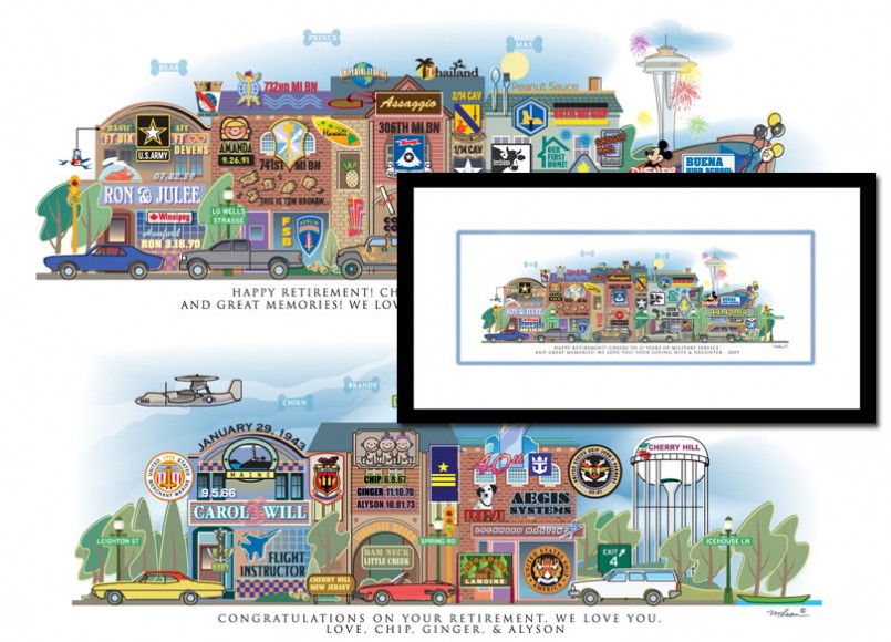 A retirement print celebrating a long career with family and milestones.
