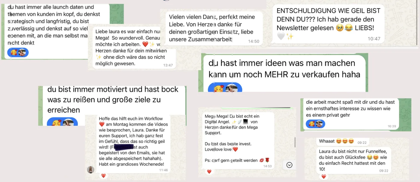 Screenshots von WhatsApp-Nachrichten von Kundinnen an Laura