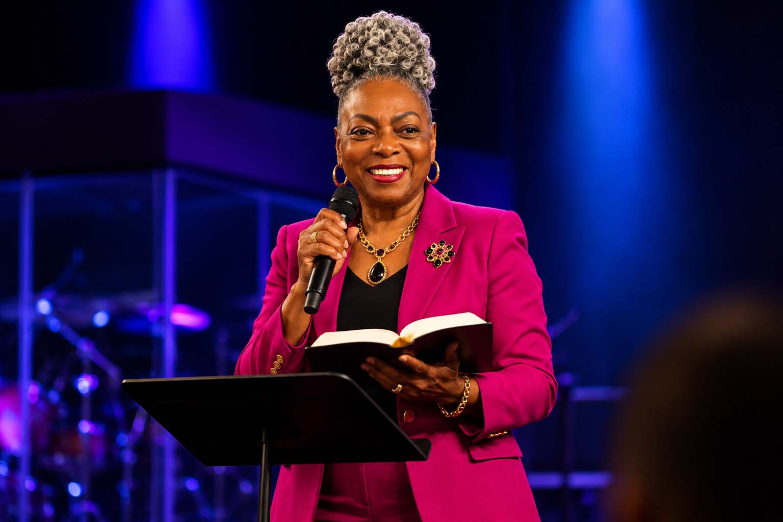 Dr. Addison preaching on stage with Bible