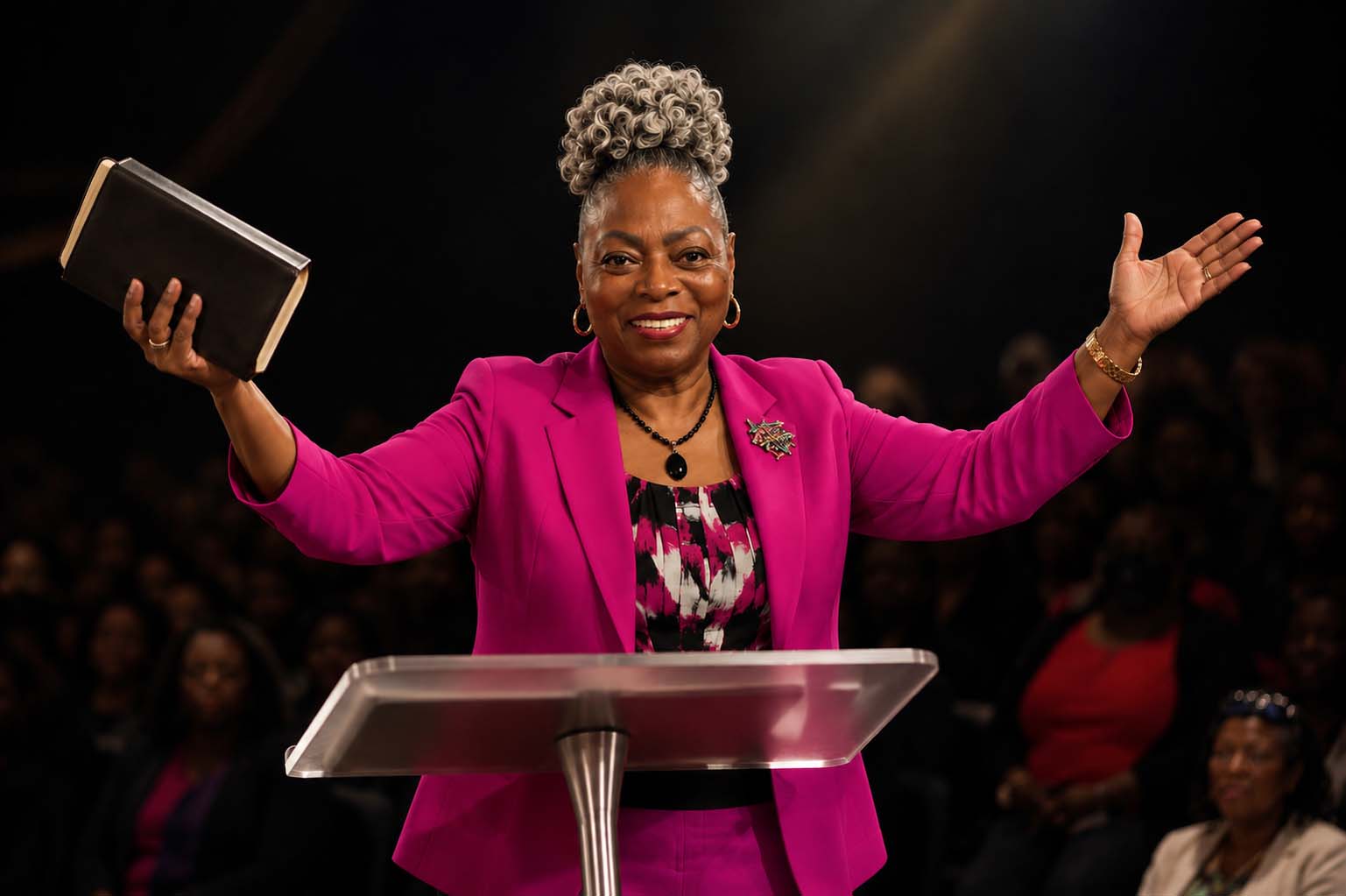 Dr. Addison on stage with Bible raised