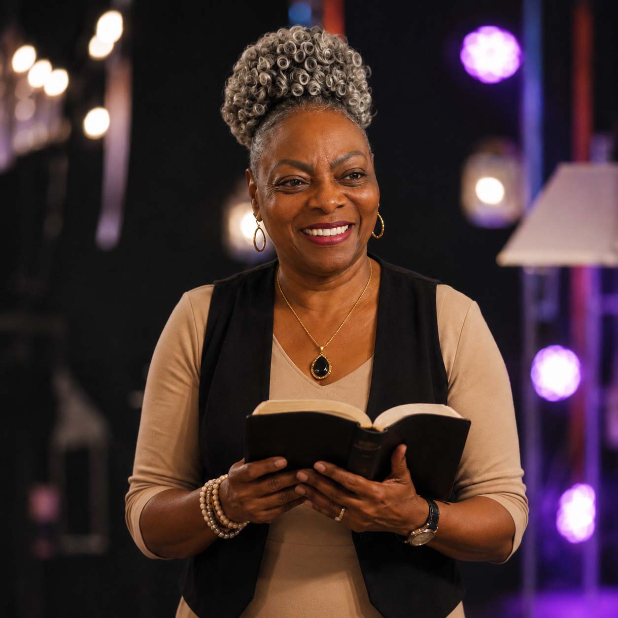 Dr. Angela E. Addison holding a Bible on stage