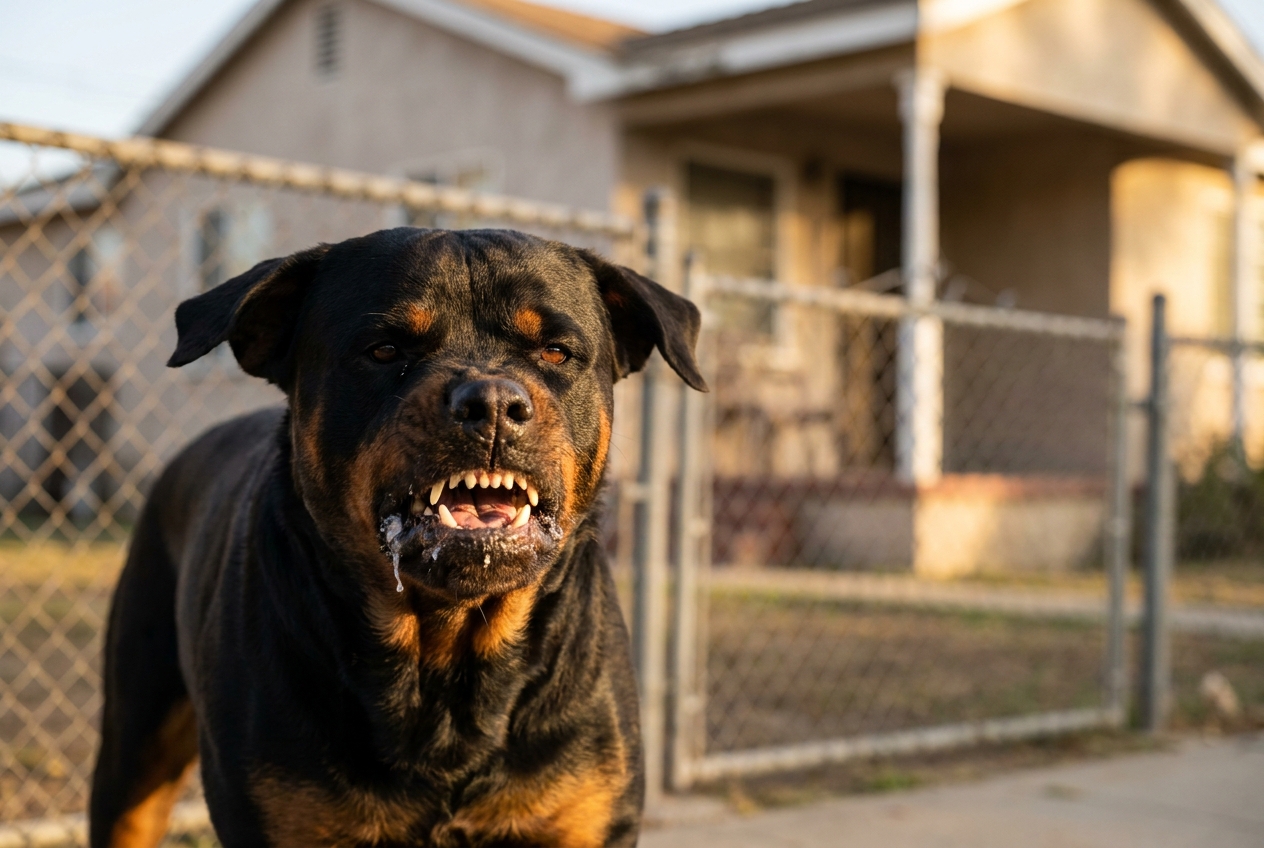 Vicious Rottweiler behind chain-link fence