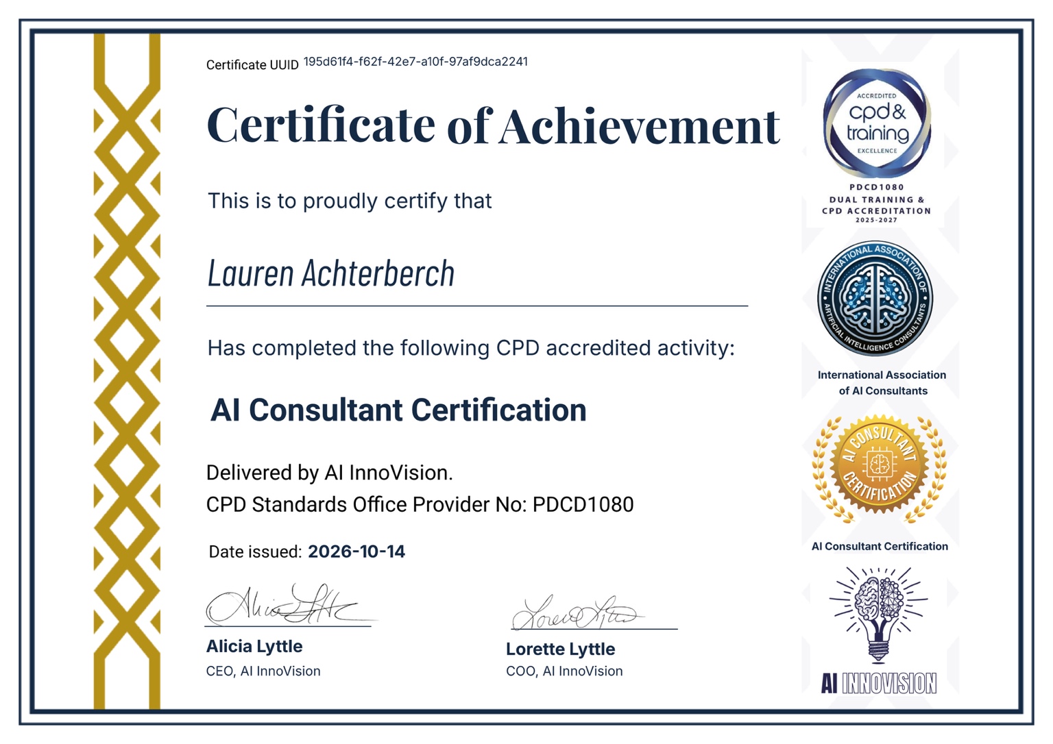 AI Consultant Certificate of Achievement for Lauren Achterberch, delivered by AI InnoVision, issued October 14, 2026