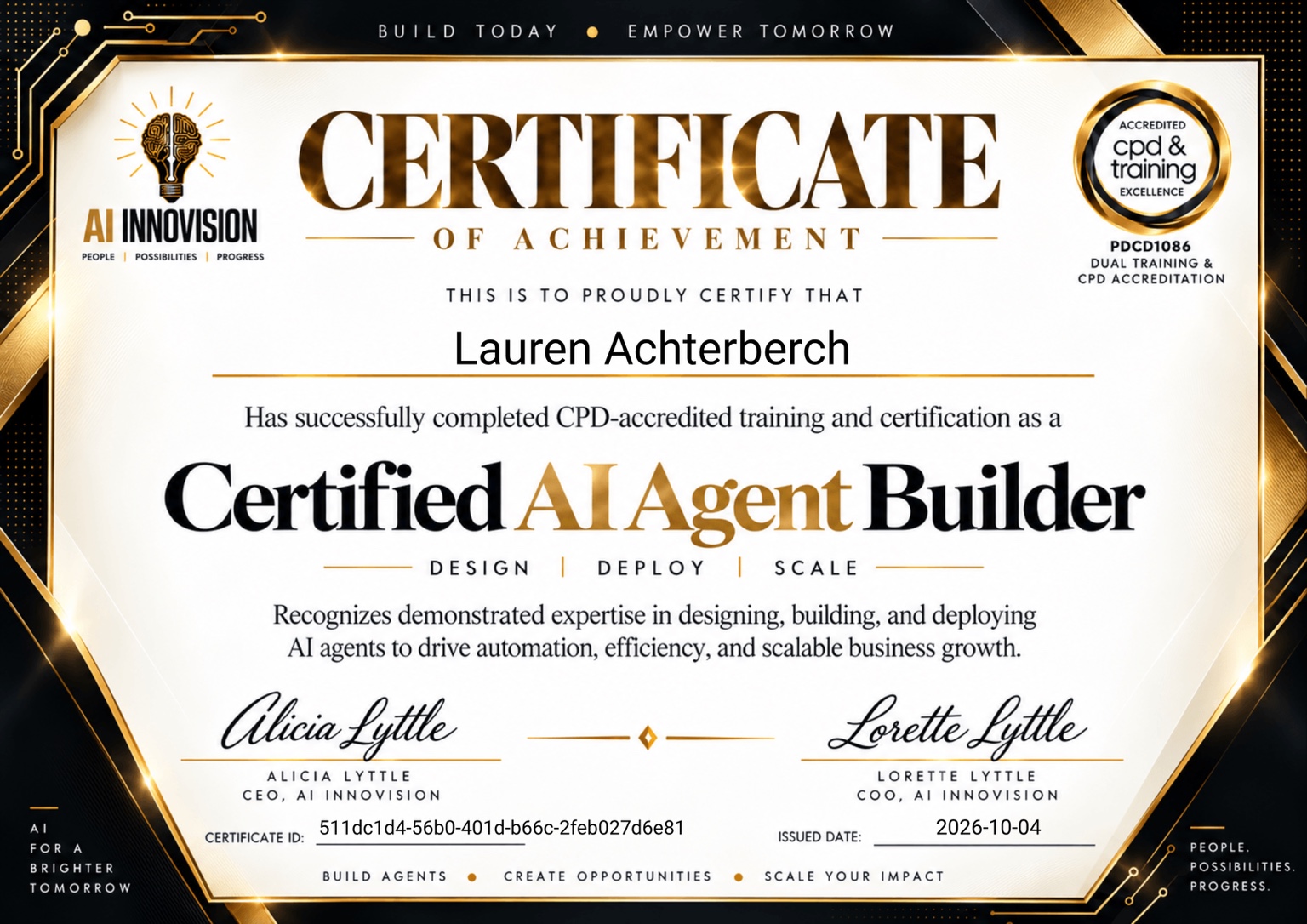 Certified AI Agent Builder Certificate of Achievement for Lauren Achterberch issued by AI InnoVision on October 4, 2026