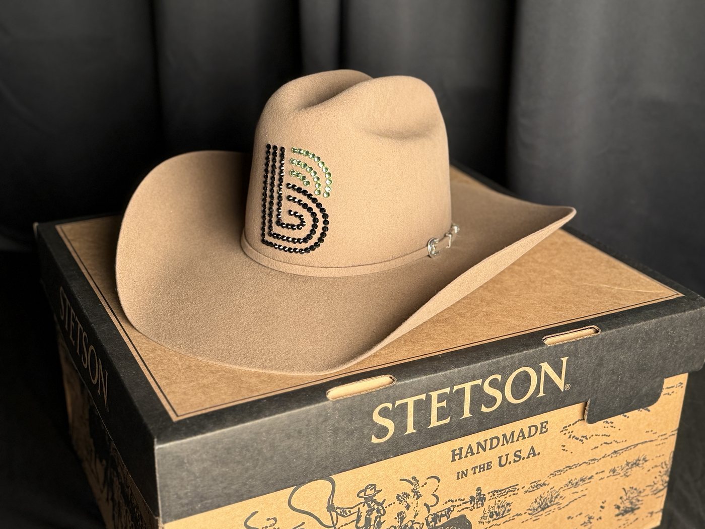 Custom Stetson cowboy hat with the Big Brothers Big Sisters logo in rhinestones