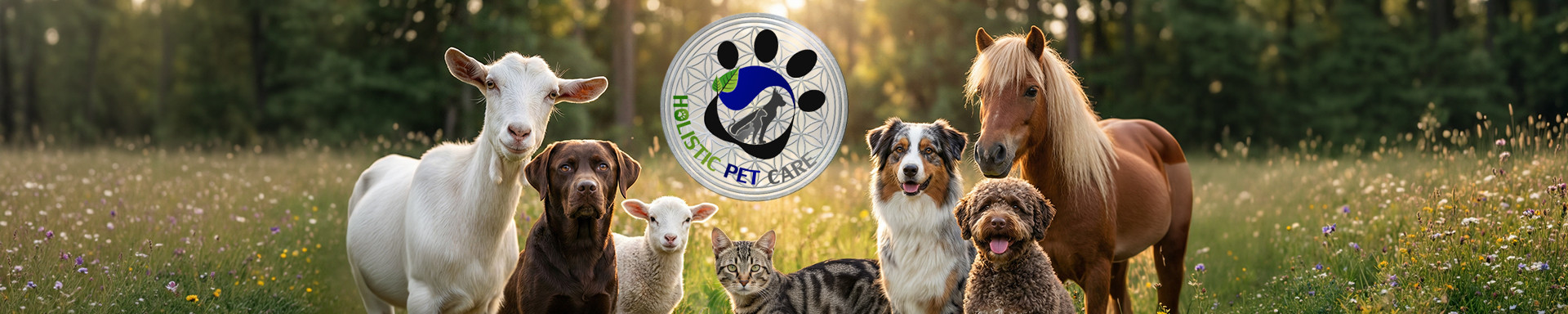 A goat, dogs, a lamb, a cat and a horse together in a summer meadow