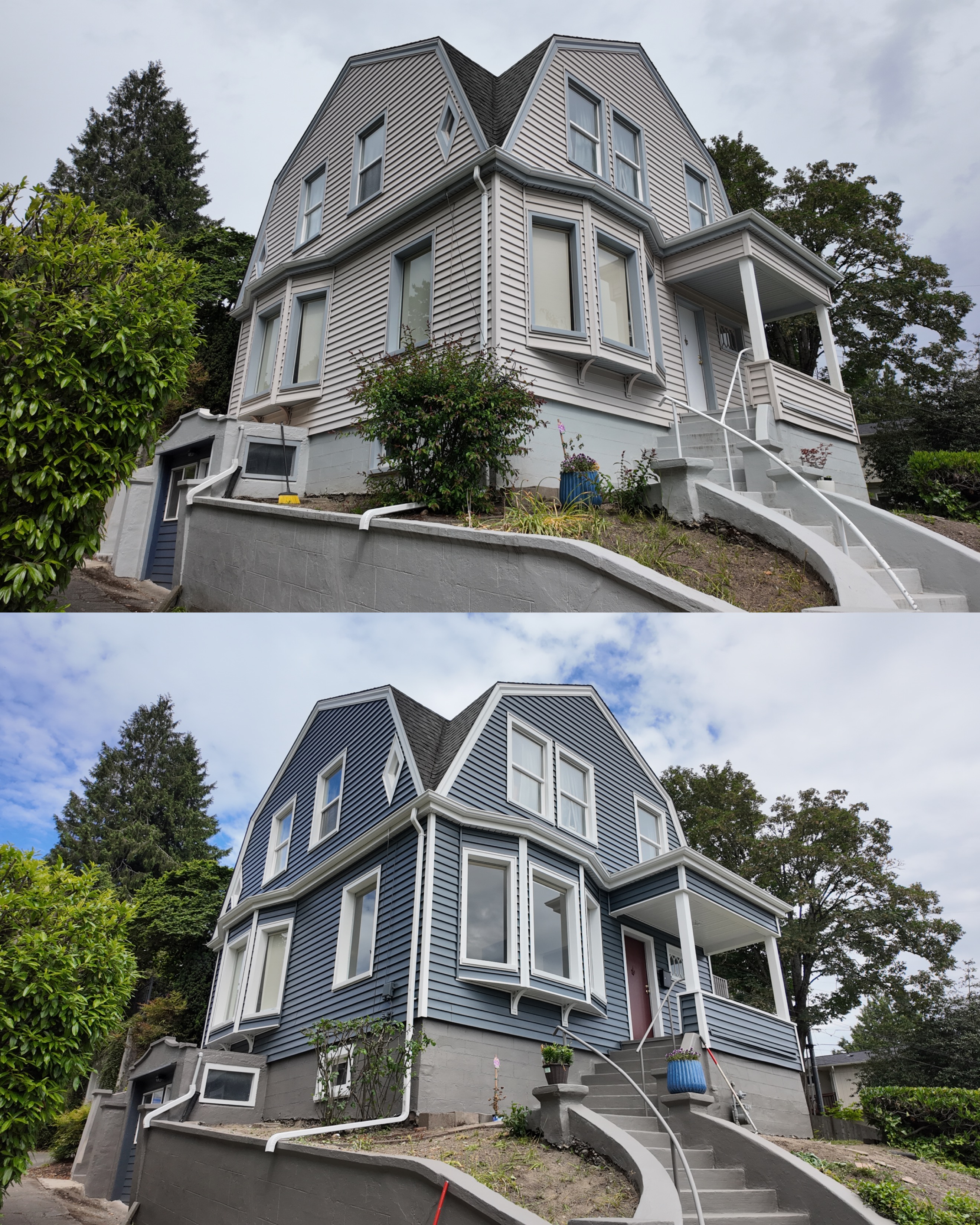 Full house exterior before and after repaint by Golden Oak Painting