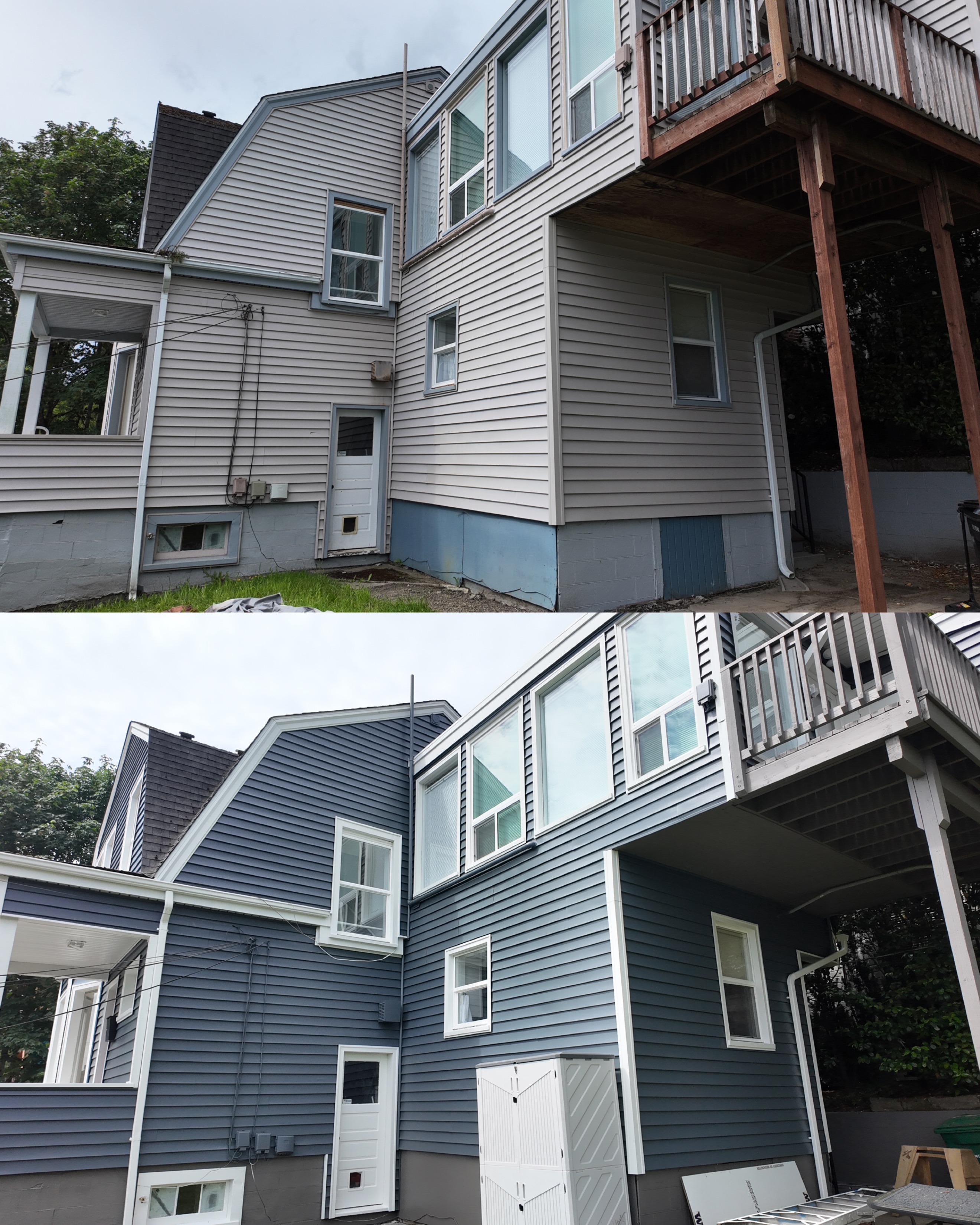 Exterior side of house before and after