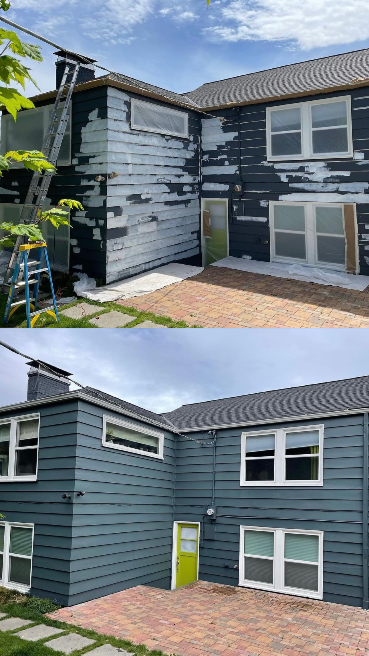 Siding repaint before and after, peeling paint restored