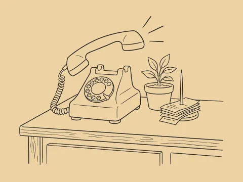 An ink drawing of a desk phone on a counter, its handset lifted off the cradle on its own.