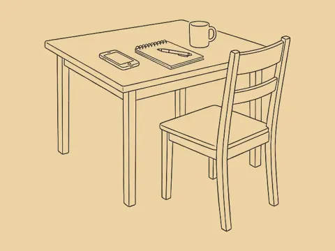 An ink drawing of a kitchen table with a phone, a notepad and a mug.