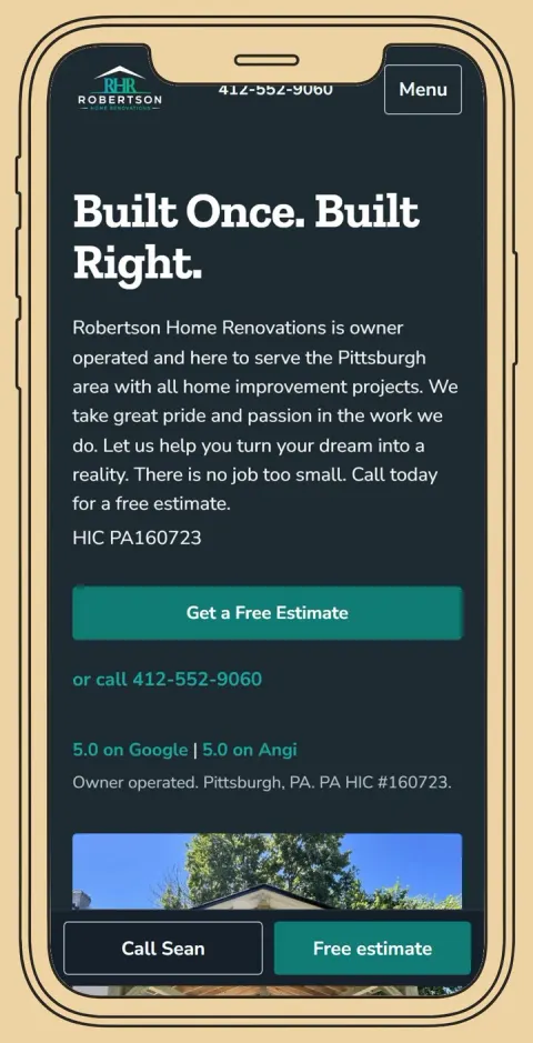 The Robertson Home Renovations website on a phone: the headline Built Once. Built Right. and a Get a Free Estimate button.