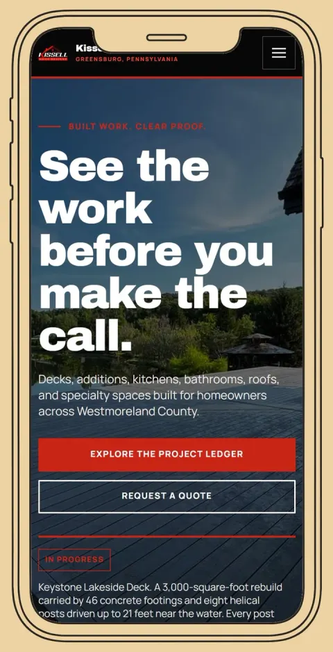 The Kissell Home Designs website on a phone: the headline See the work before you make the call. and a Request a Quote button.