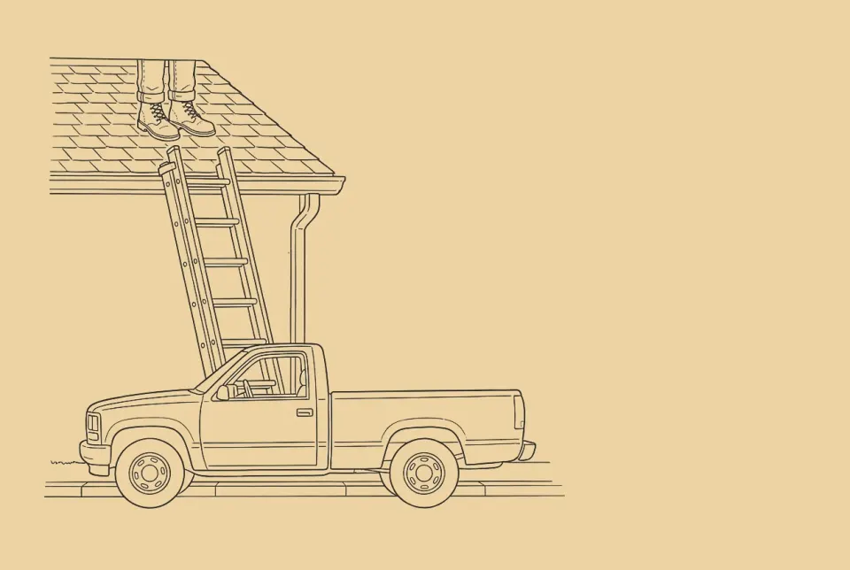An ink drawing of a roof with a ladder, a pair of boots on the shingles, and a truck below with its window down.