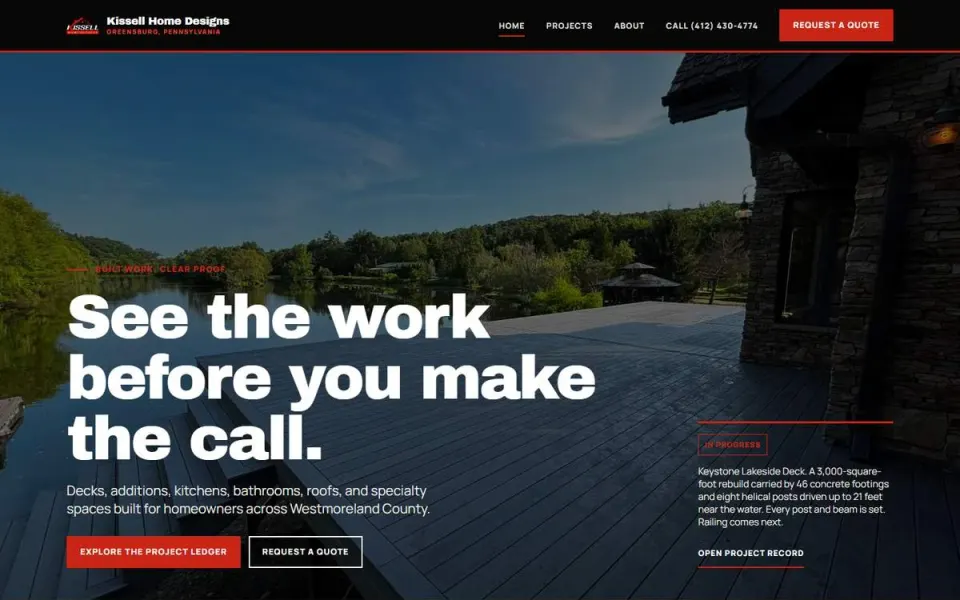 The Kissell Home Designs home page on a desktop screen.