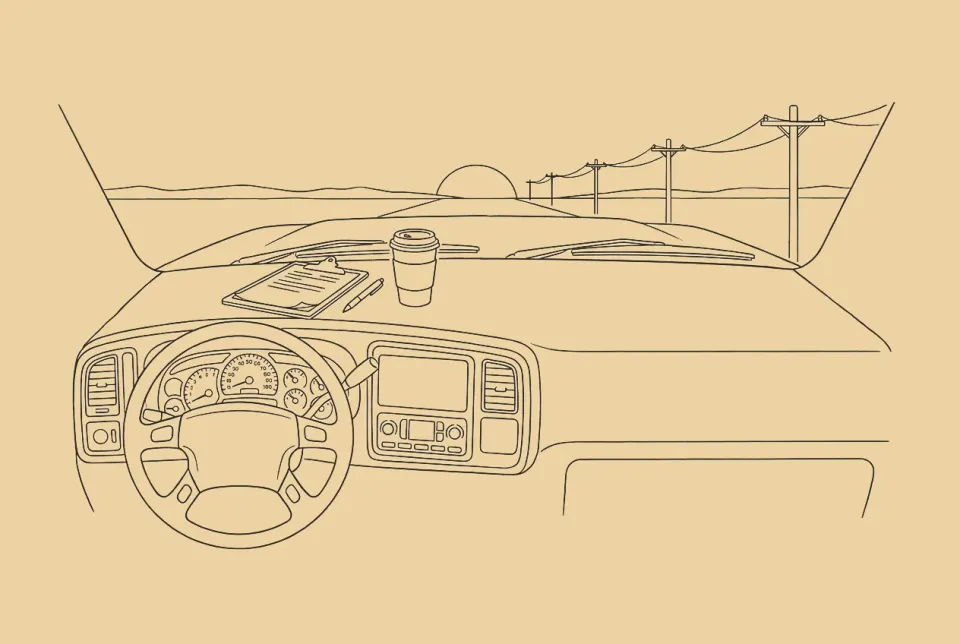 An ink drawing of a truck dashboard at dusk, a phone propped on the dash.