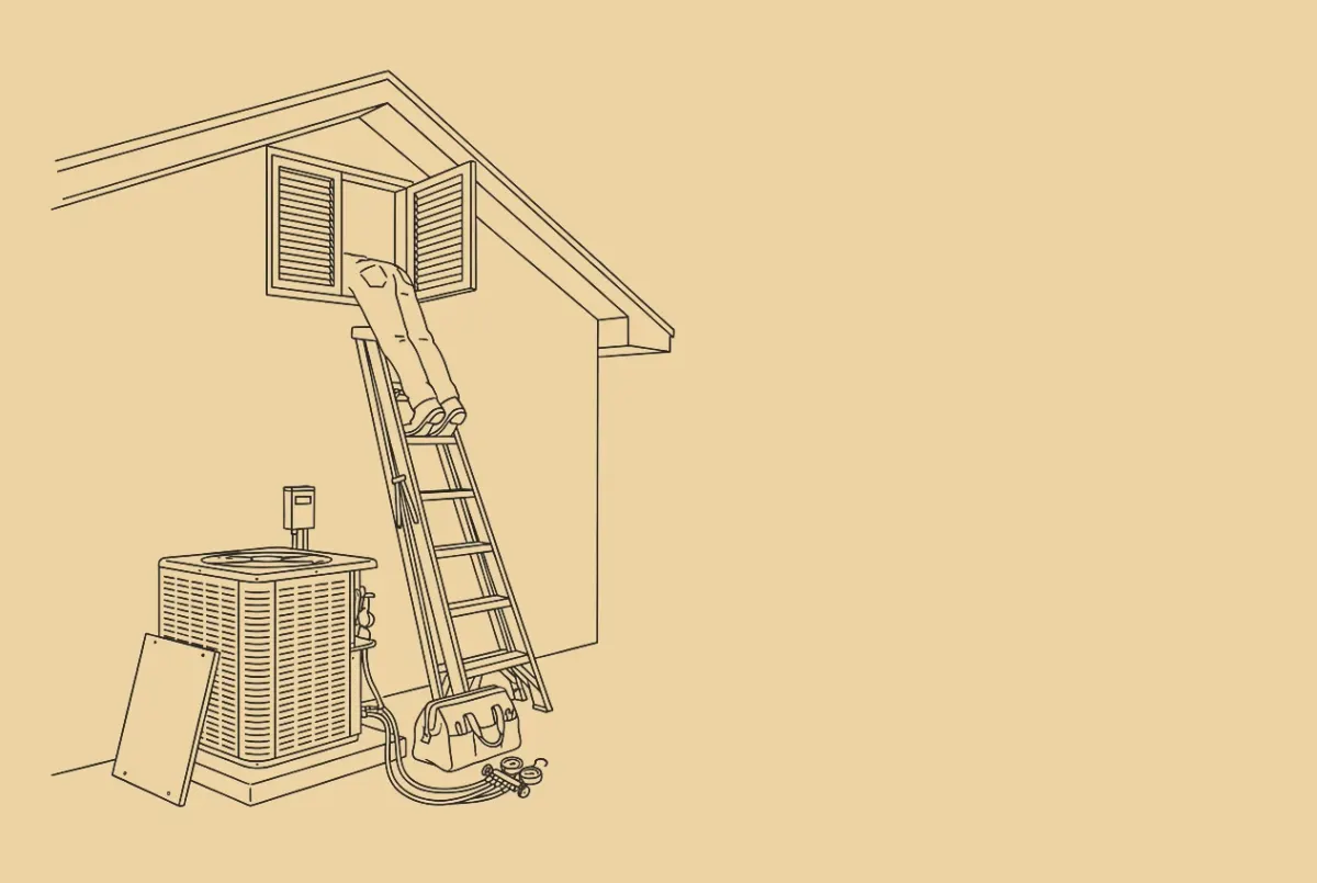 An ink drawing of the side of a house. A technician's boots and legs on a ladder at an open attic vent, an air conditioning condenser below with its panel off, a tool bag and a gauge set on the ground, a phone on a shelf to the right.