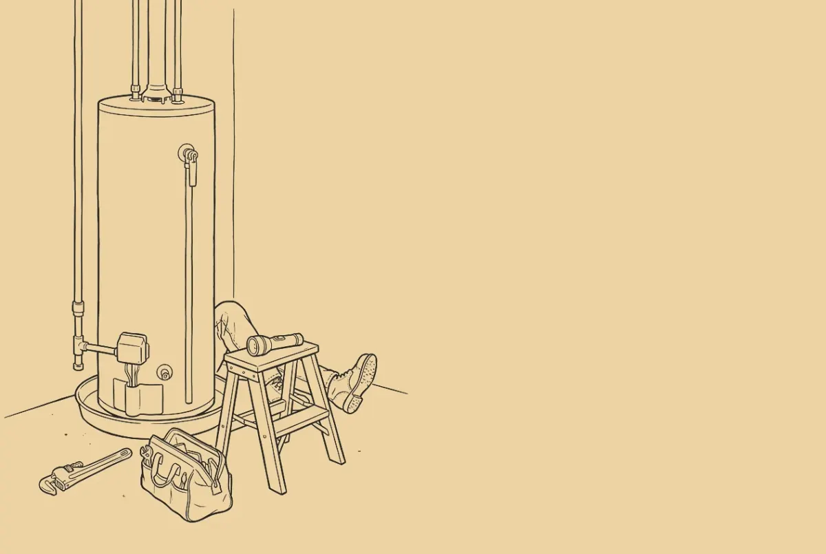 An ink drawing of a utility room. A plumber's legs and boots stick out from behind a tall water heater, a pipe wrench and an open tool bag on the floor, a flashlight on a step stool, a phone on a shelf to the right.