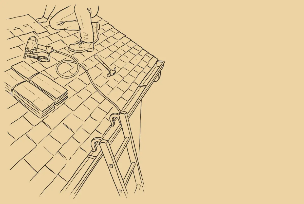 An ink drawing of a shingled roof. A roofer's boots and knees near the ridge, a nail gun and its hose, two bundles of shingles and a hammer, the top of a ladder at the edge, a phone on a shelf to the right.