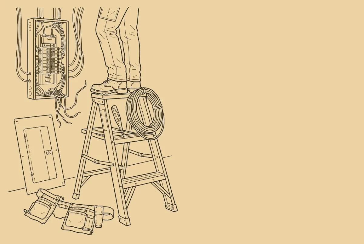An ink drawing of a garage wall. An open breaker panel with its cover leaning below, an electrician's boots and legs on a step ladder, a voltage tester and a coil of wire on the ladder, a tool belt on the floor, a phone on a shelf to the right.