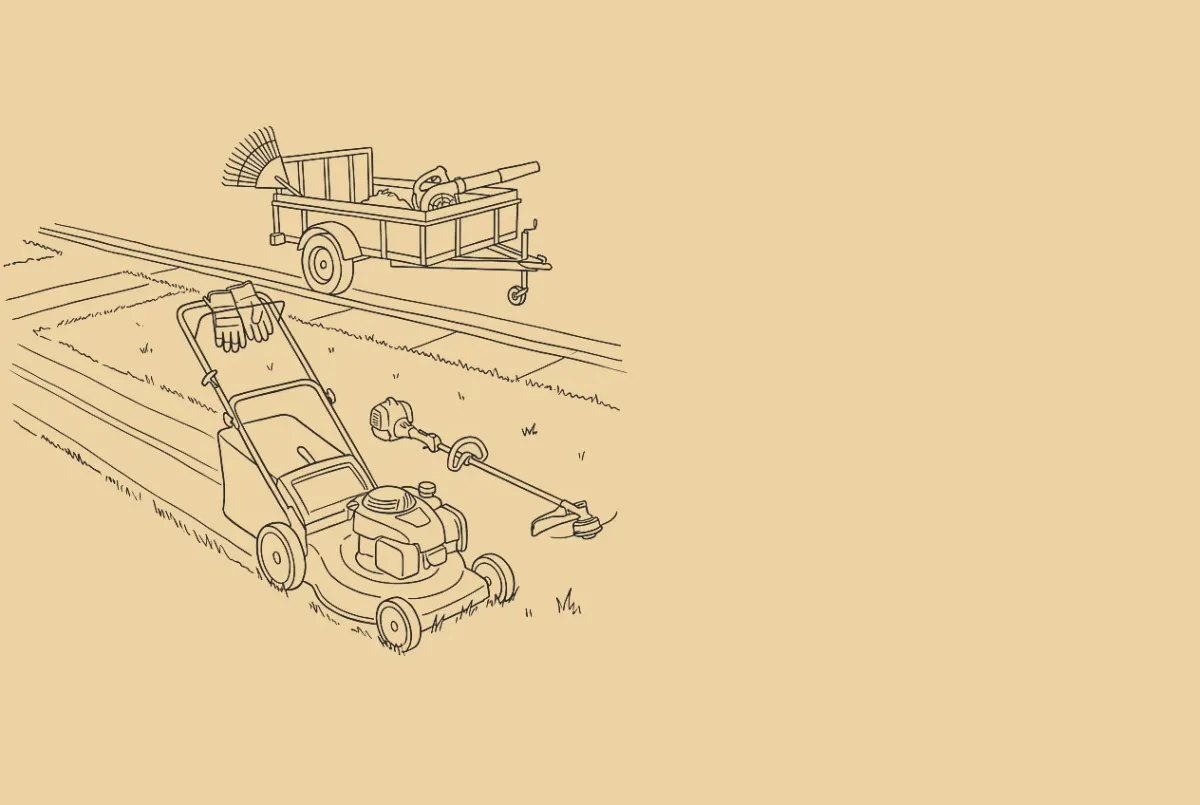 An ink drawing of a front lawn half mowed. A mower stopped on the cut line with gloves on the handle, a string trimmer on the grass, a trailer at the kerb with a rake and a blower, a phone on a shelf to the right.