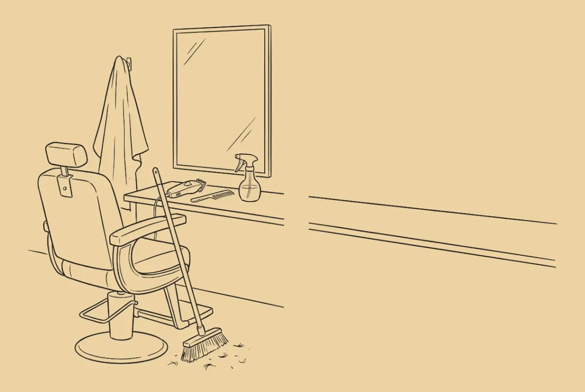 An ink drawing of a barbershop station. An empty barber chair, a cape on a hook, a mirror, clippers, a comb and a spray bottle on the counter, a broom with clippings on the floor, a phone on the counter to the right.