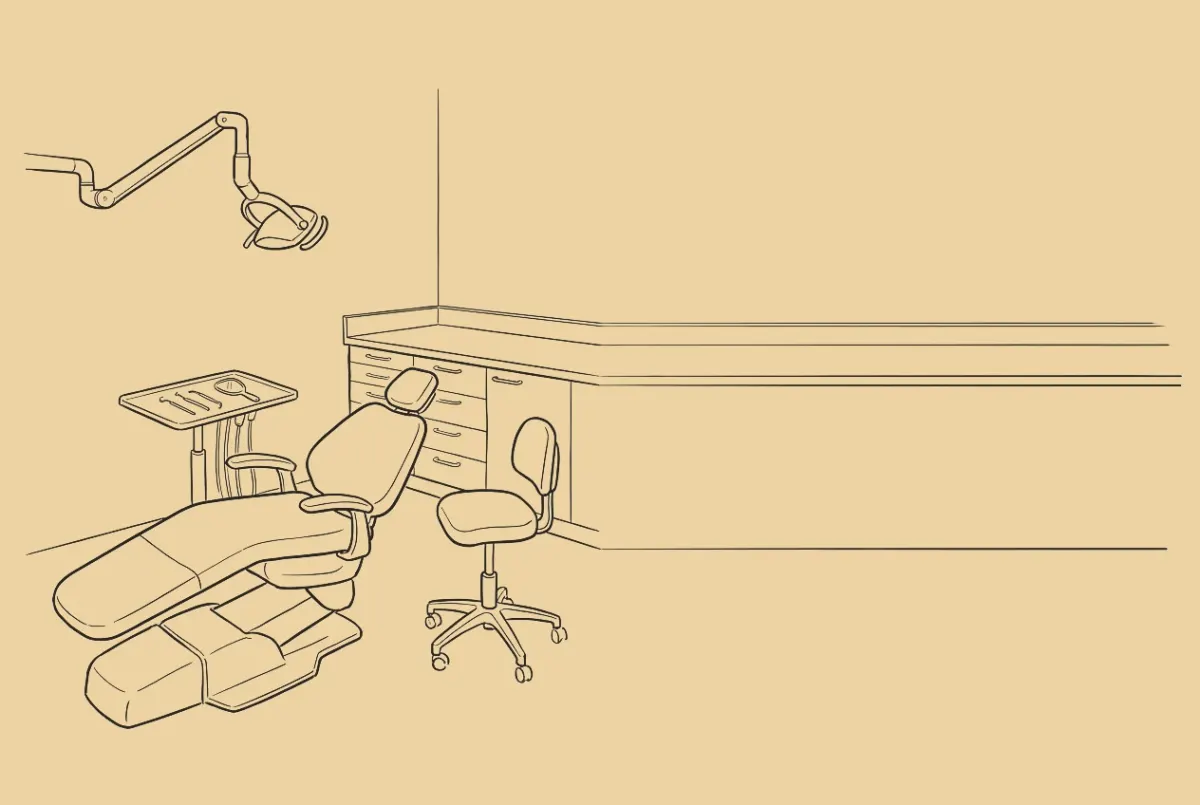An ink drawing of an empty dental treatment room. The patient chair reclined, the overhead lamp swung aside, a tray table, a rolling stool, a cabinet with a phone on its counter to the right.