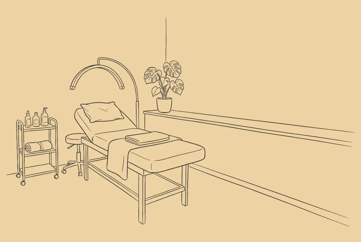 An ink drawing of a quiet treatment room. A padded bed with a folded towel and a pillow, a lamp, a stool, a cart with bottles, a plant on a side counter with a phone on it to the right.