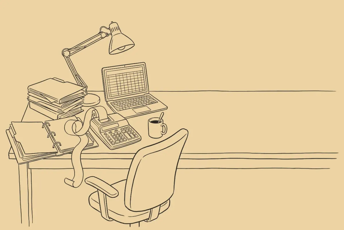 An ink drawing of an accountant's desk at tax time. Stacked folders, an open binder, a printing calculator with its tape curling off, a laptop, a lamp, a mug, a chair pushed back, a phone on the desk to the right.