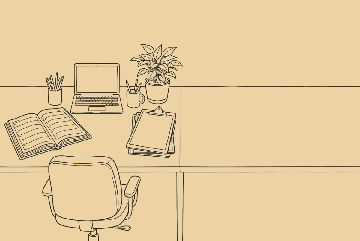 An ink drawing of an office front desk: an open appointment book, a laptop, a pen cup, a plant and a stack of clipboards, a desk phone to the right with its handset lifted.