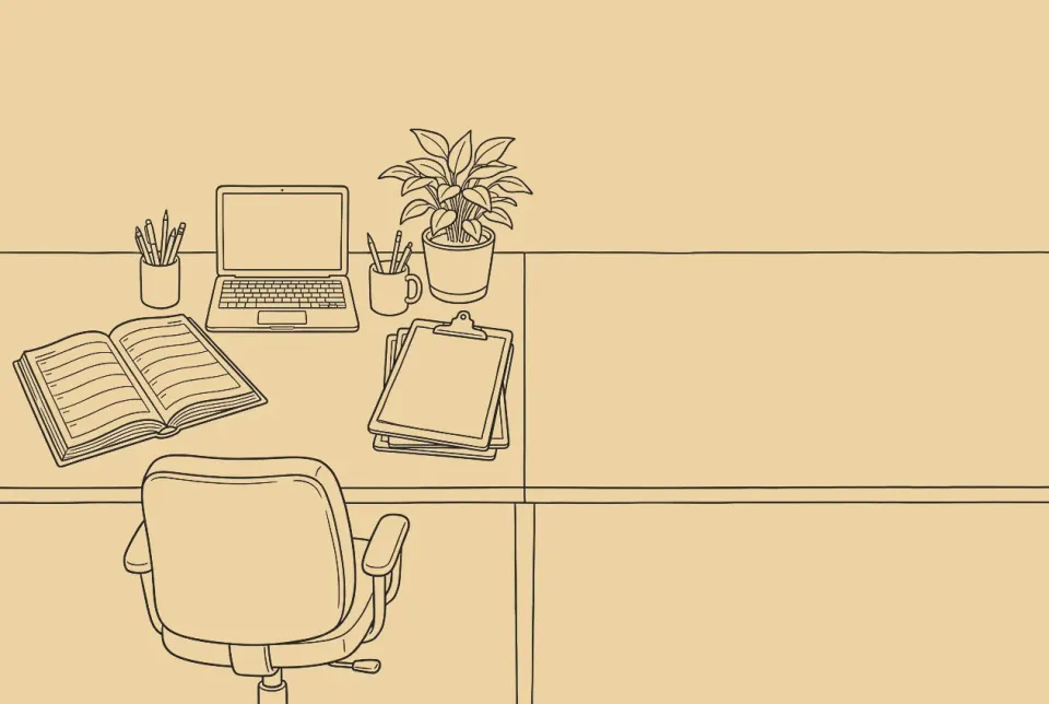 An ink drawing of an office front desk: an open appointment book, a laptop, a pen cup, a plant and a stack of clipboards, a phone on the desk.