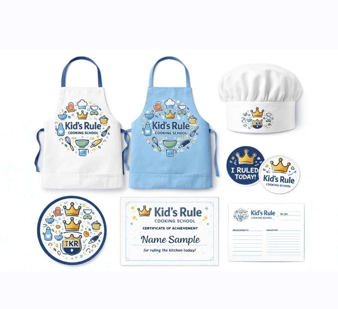 Kid's Rule Cooking School branded aprons and chef's hat