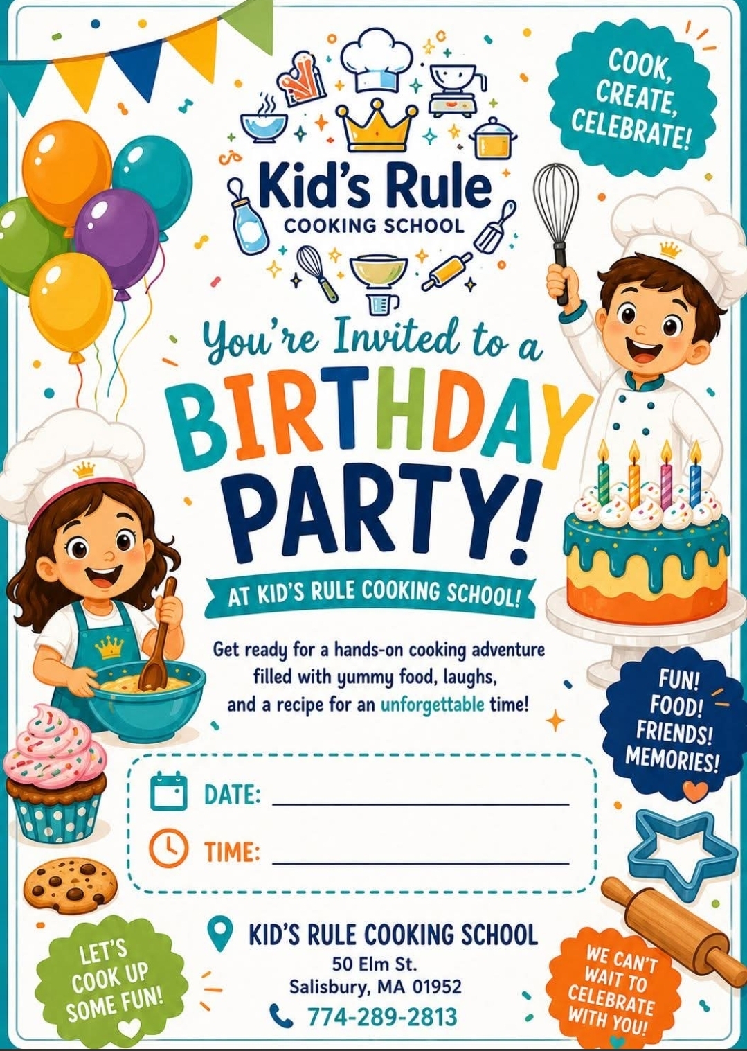 Kid's Rule Cooking School birthday party invitation