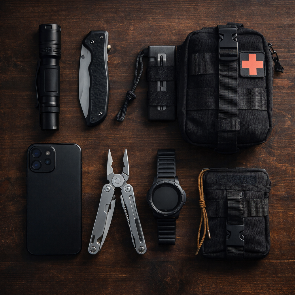 Organized everyday carry (EDC) tactical gear checklist including flashlight, knife, multi-tool, and compact medical kit