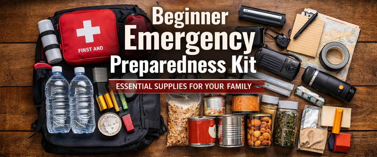 beginner emergency preparedness kit with food water flashlight and first aid supplies