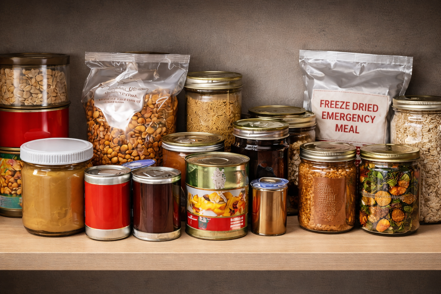 emergency food supply including canned goods rice and freeze dried meals for emergency preparedness kit